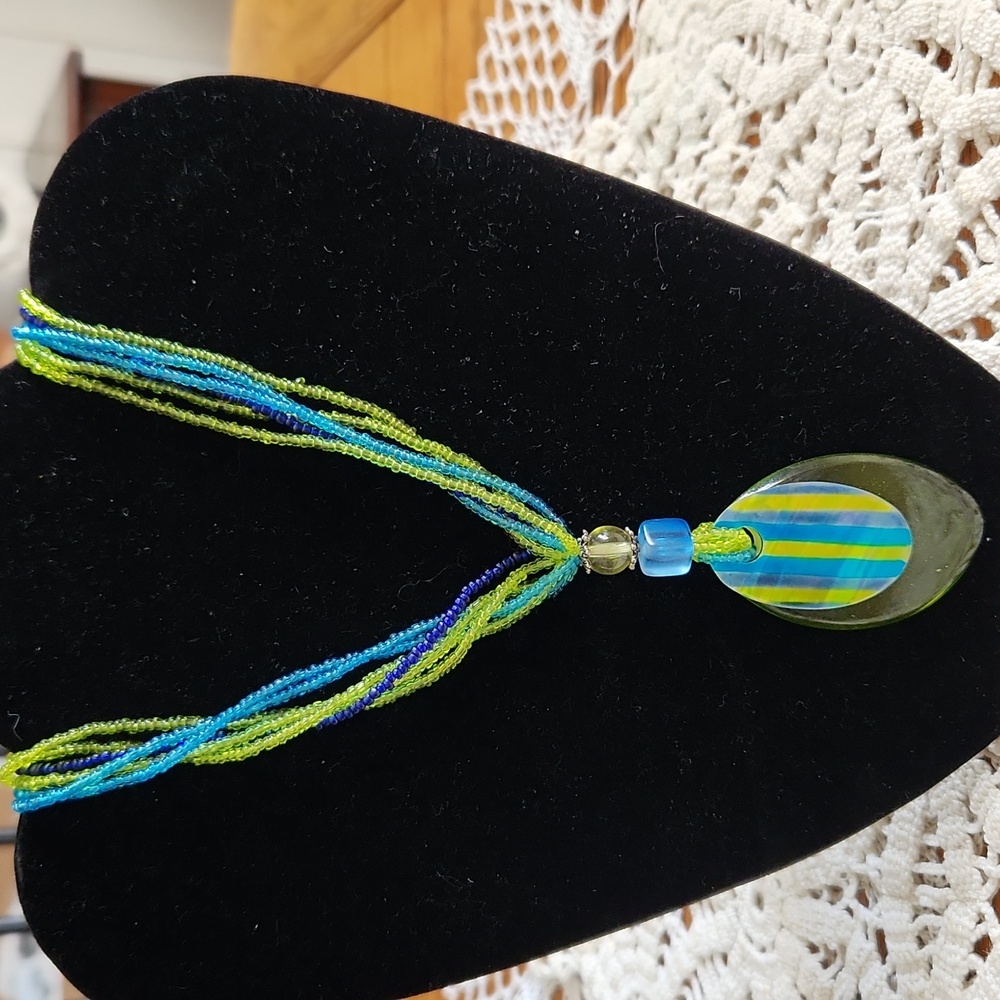 Hand-made necklace,  made in Philippines,  Blue, aqua and green beads & pendent